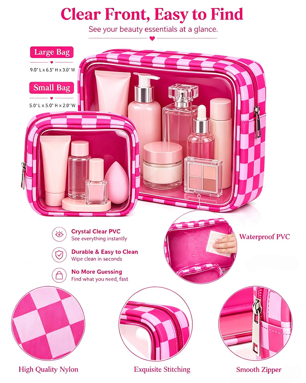 2 Pcs Clear Checkered Makeup Bag Set, Large Capacity Cosmetic Case Waterproof Travel Toiletry Bag Organizer Portable Makeup Pouch for Purse Small Make Up Bag Car Bag for Essentials (Mini+Large Rose)