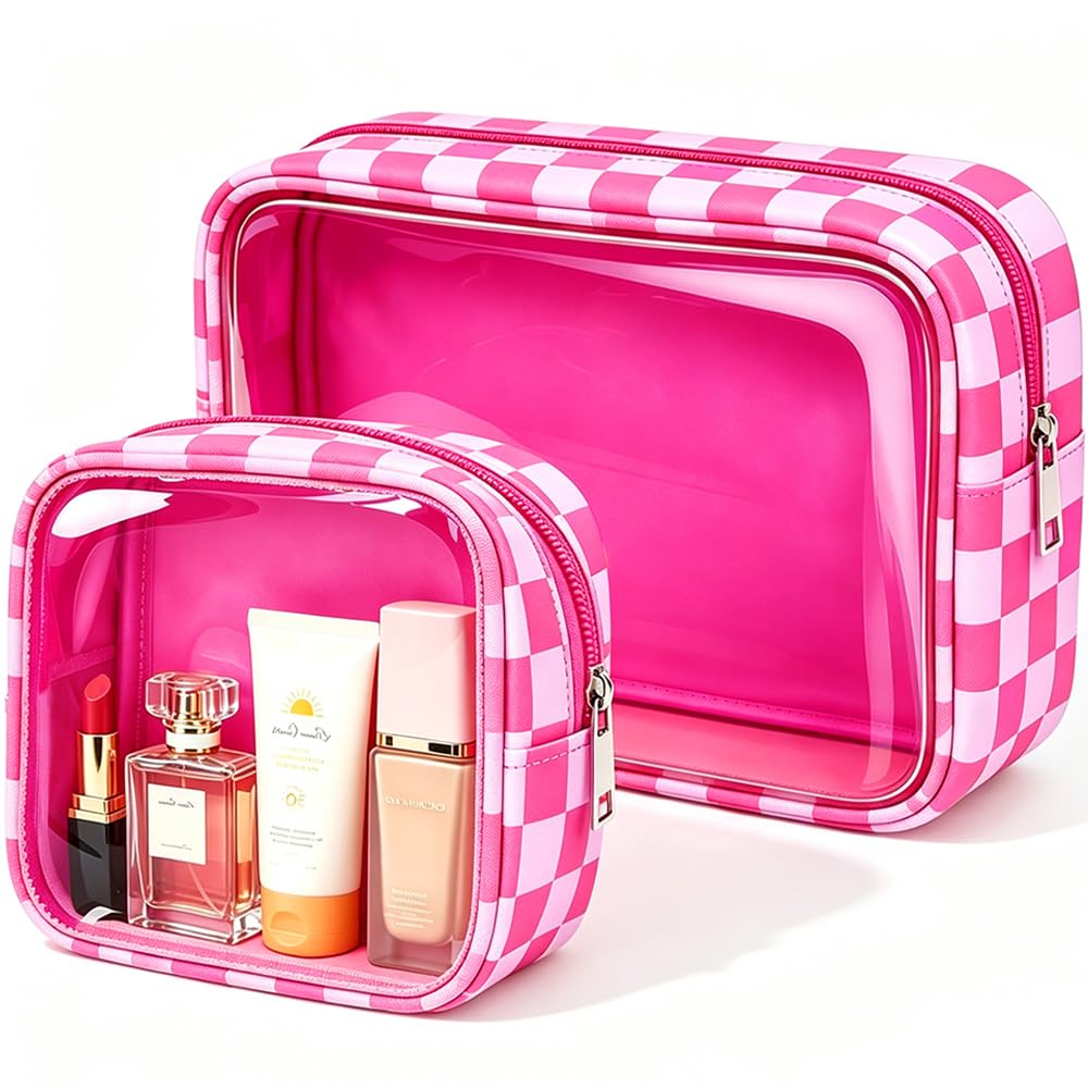 2 Pcs Clear Checkered Makeup Bag Set, Large Capacity Cosmetic Case Waterproof Travel Toiletry Bag Organizer Portable Makeup Pouch for Purse Small Make Up Bag Car Bag for Essentials (Mini+Large Rose)