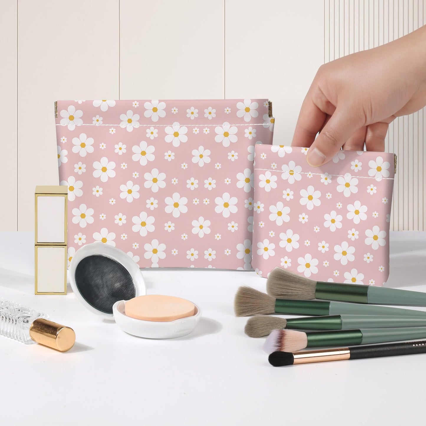 2 PCS PU Leather Small Makeup Bag Set for Purse,No Zipper Self-closing Cosmetic Bag, Portable Coin Purse Lipstick Accessories Organizer Travel Toiletry Storage Pouch for Women,pinkish-white flowers