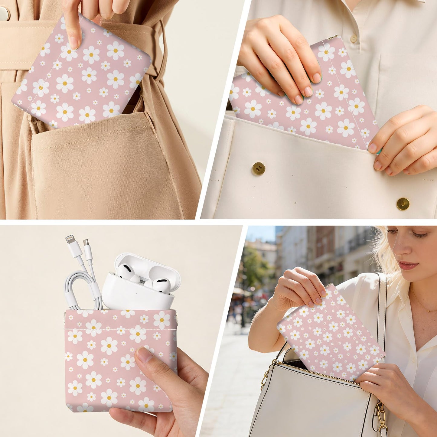2 PCS PU Leather Small Makeup Bag Set for Purse,No Zipper Self-closing Cosmetic Bag, Portable Coin Purse Lipstick Accessories Organizer Travel Toiletry Storage Pouch for Women,pinkish-white flowers