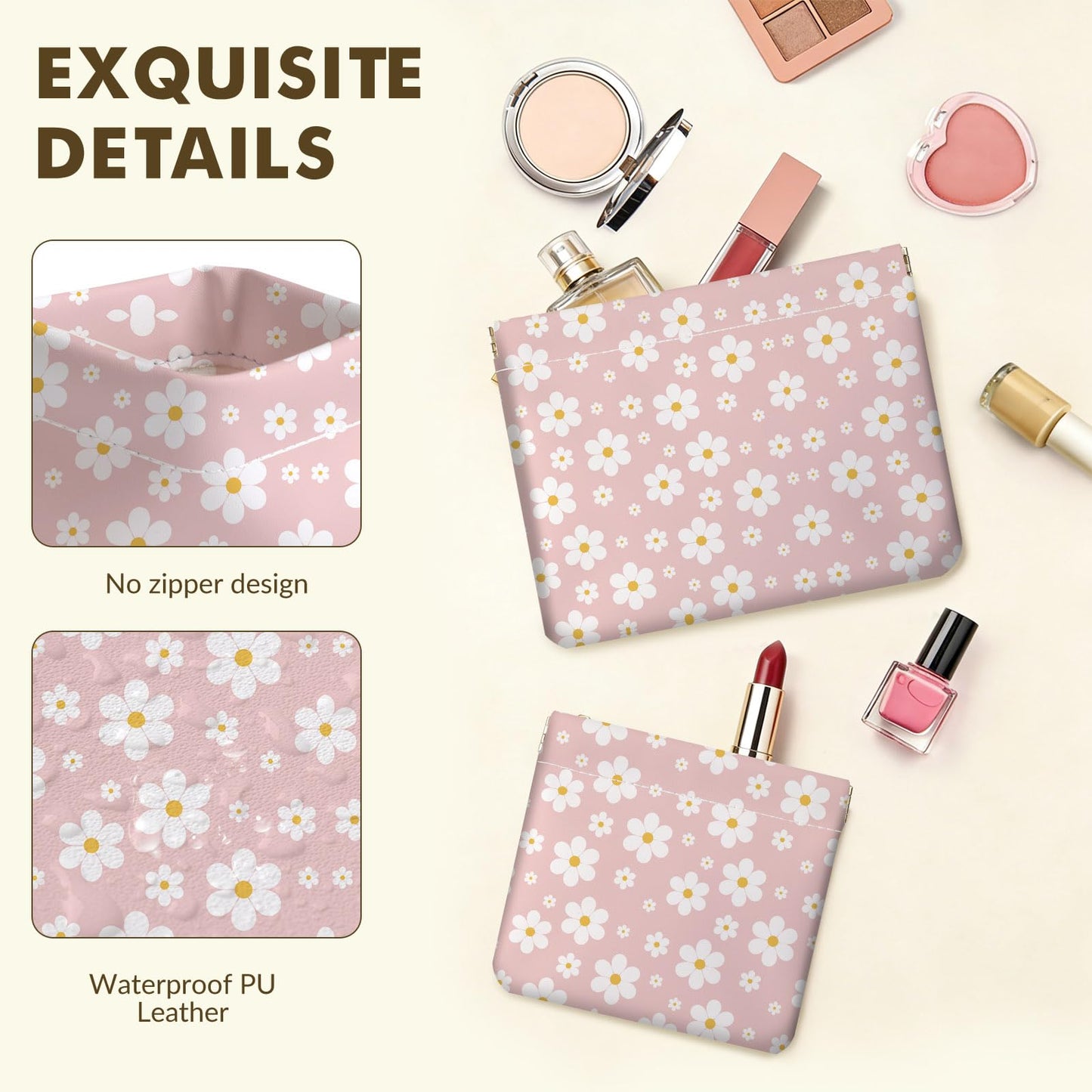 2 PCS PU Leather Small Makeup Bag Set for Purse,No Zipper Self-closing Cosmetic Bag, Portable Coin Purse Lipstick Accessories Organizer Travel Toiletry Storage Pouch for Women,pinkish-white flowers