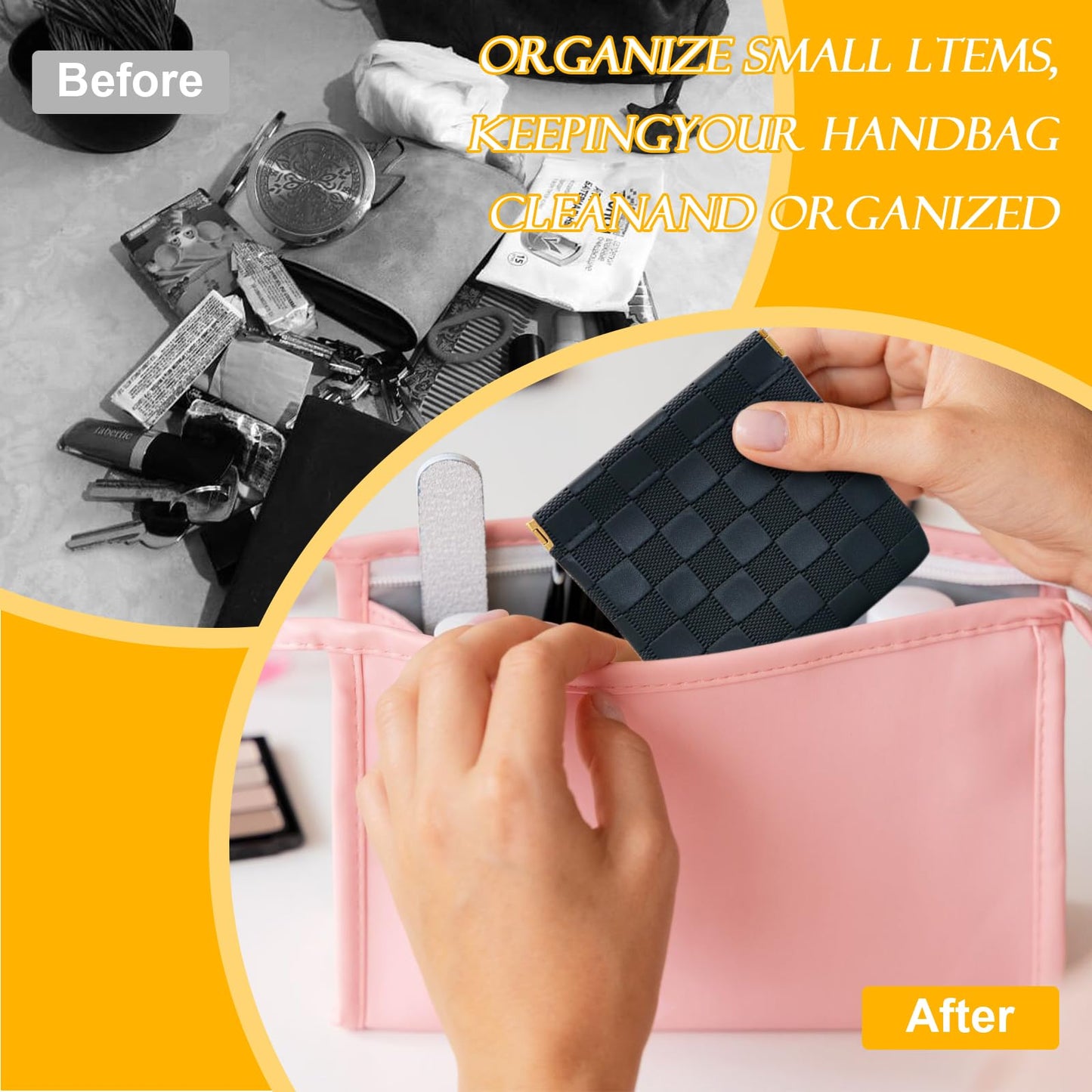 2 PCS Small Makeup Bag for Women, Small Pouches for Purse,Mini Checkered Cosmetic Bag Waterproof Pouch for Travel Storage bag, for Cosmetics Headphones Jewelry Cosmetic Lipstick Coins (Black, Beige)