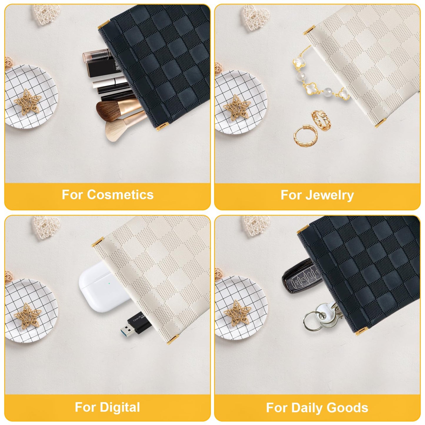 2 PCS Small Makeup Bag for Women, Small Pouches for Purse,Mini Checkered Cosmetic Bag Waterproof Pouch for Travel Storage bag, for Cosmetics Headphones Jewelry Cosmetic Lipstick Coins (Black, Beige)