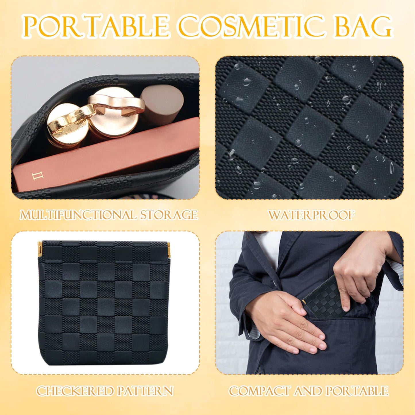 2 PCS Small Makeup Bag for Women, Small Pouches for Purse,Mini Checkered Cosmetic Bag Waterproof Pouch for Travel Storage bag, for Cosmetics Headphones Jewelry Cosmetic Lipstick Coins (Black, Beige)