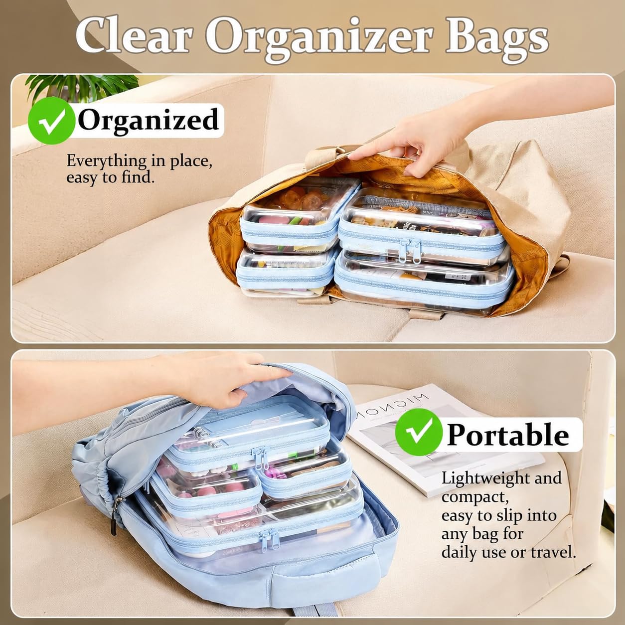 3-PCS Medium Clear Hard Shell Zipper Pouches, Clear Zipper Bags (3M, Pink)