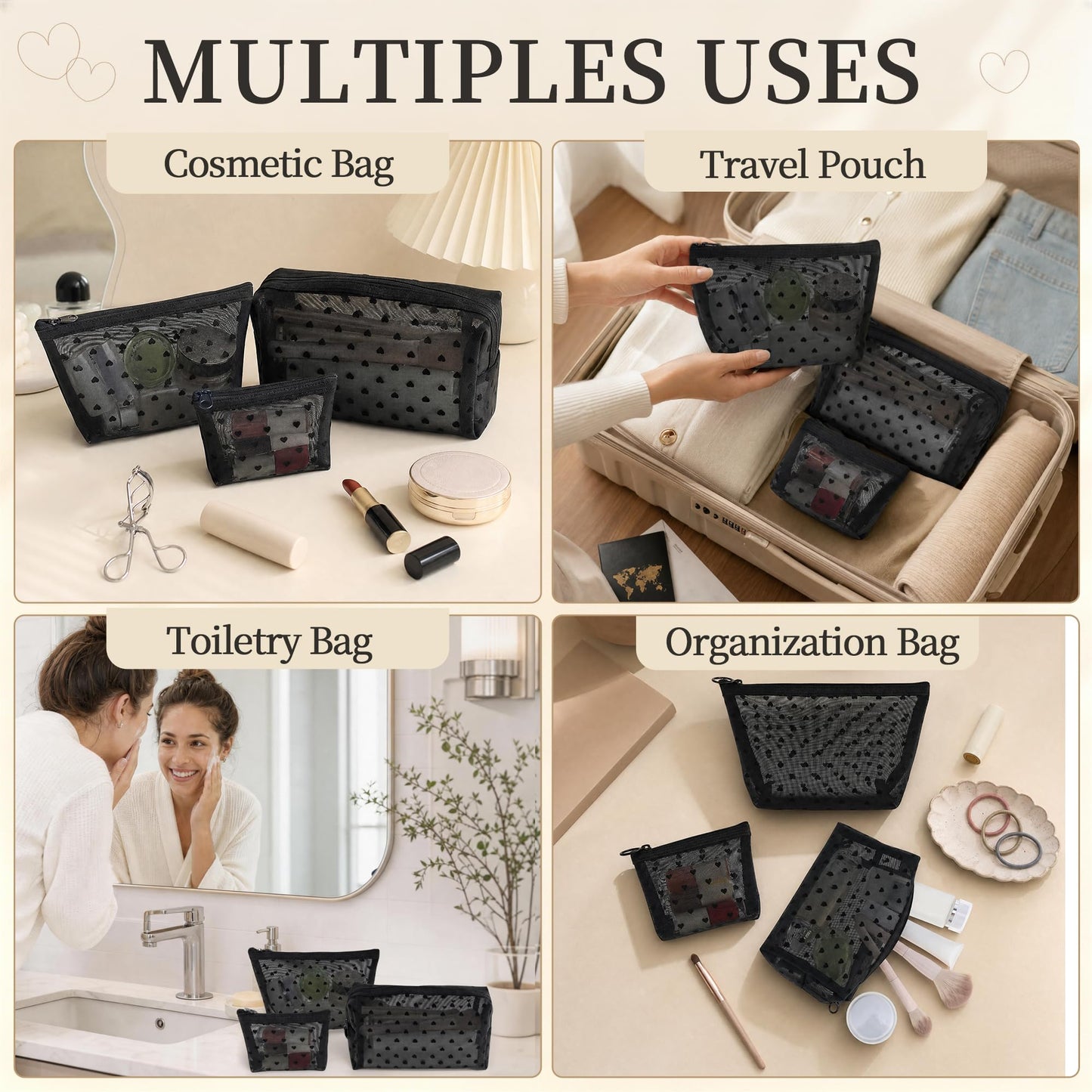3 Pieces Mesh Makeup Bag Set, Heart Printed Clear Cosmetic Bags, Black