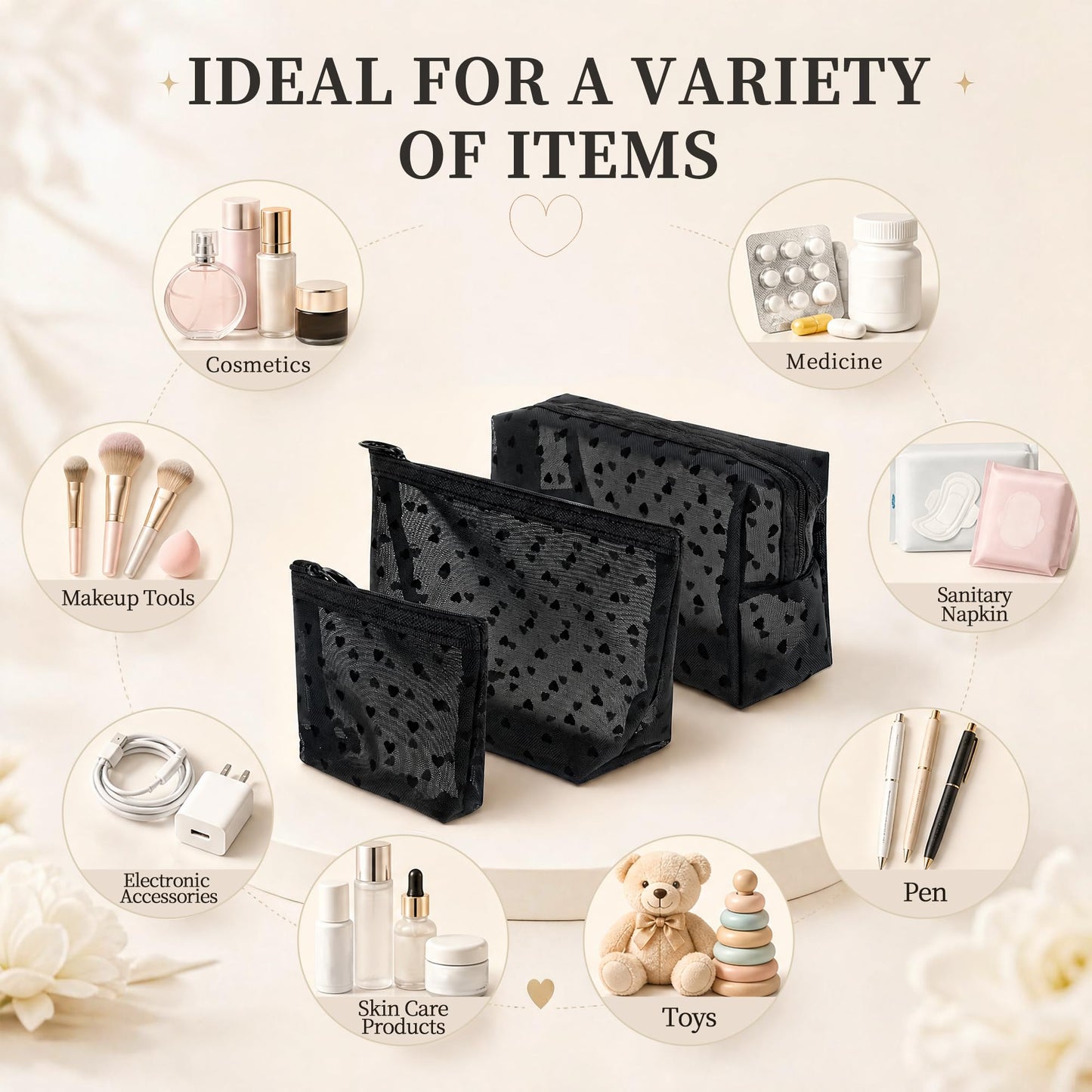 3 Pieces Mesh Makeup Bag Set, Heart Printed Clear Cosmetic Bags, Black