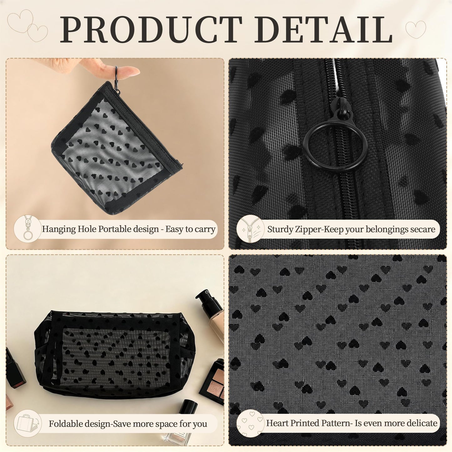 3 Pieces Mesh Makeup Bag Set, Heart Printed Clear Cosmetic Bags, Black