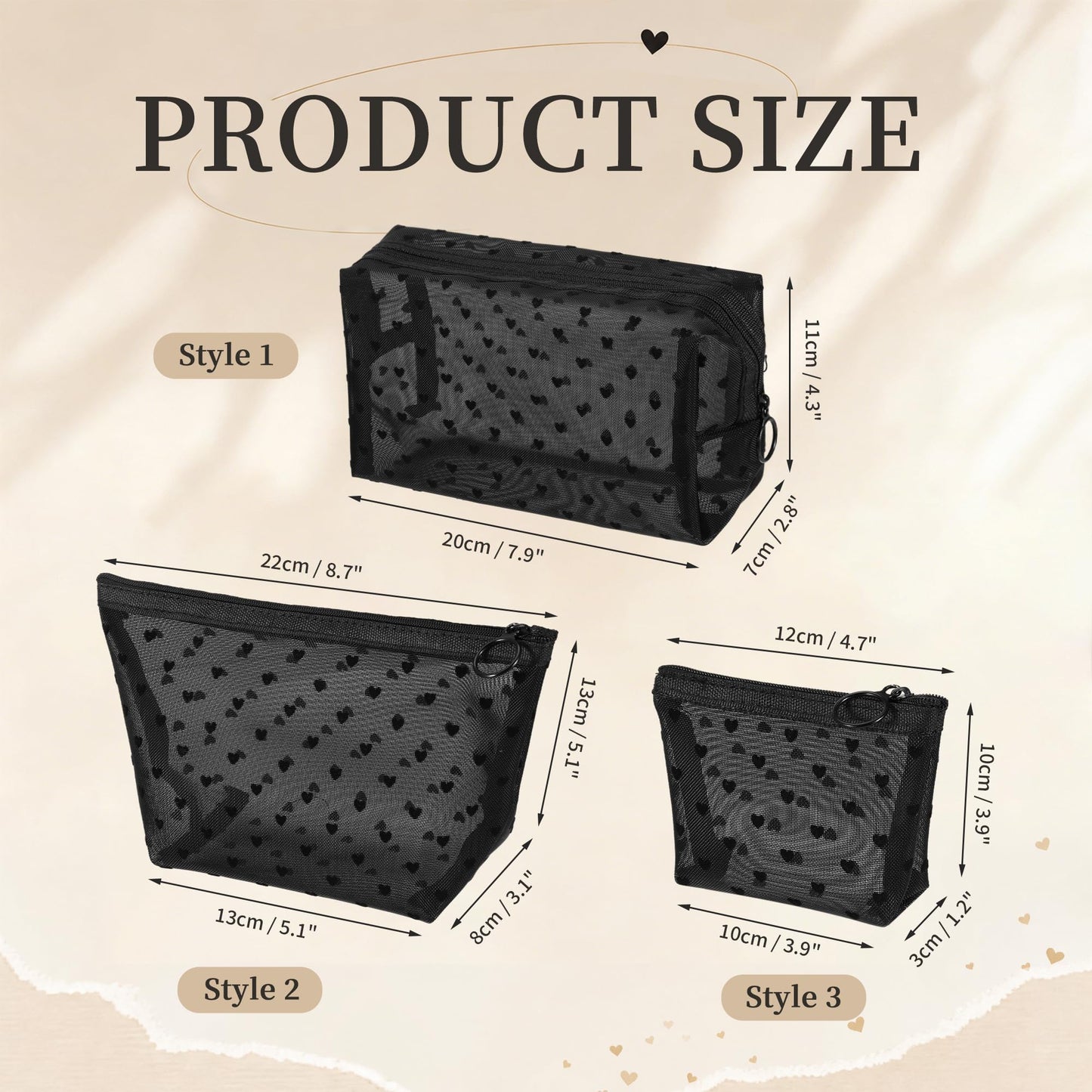 3 Pieces Mesh Makeup Bag Set, Heart Printed Clear Cosmetic Bags, Black