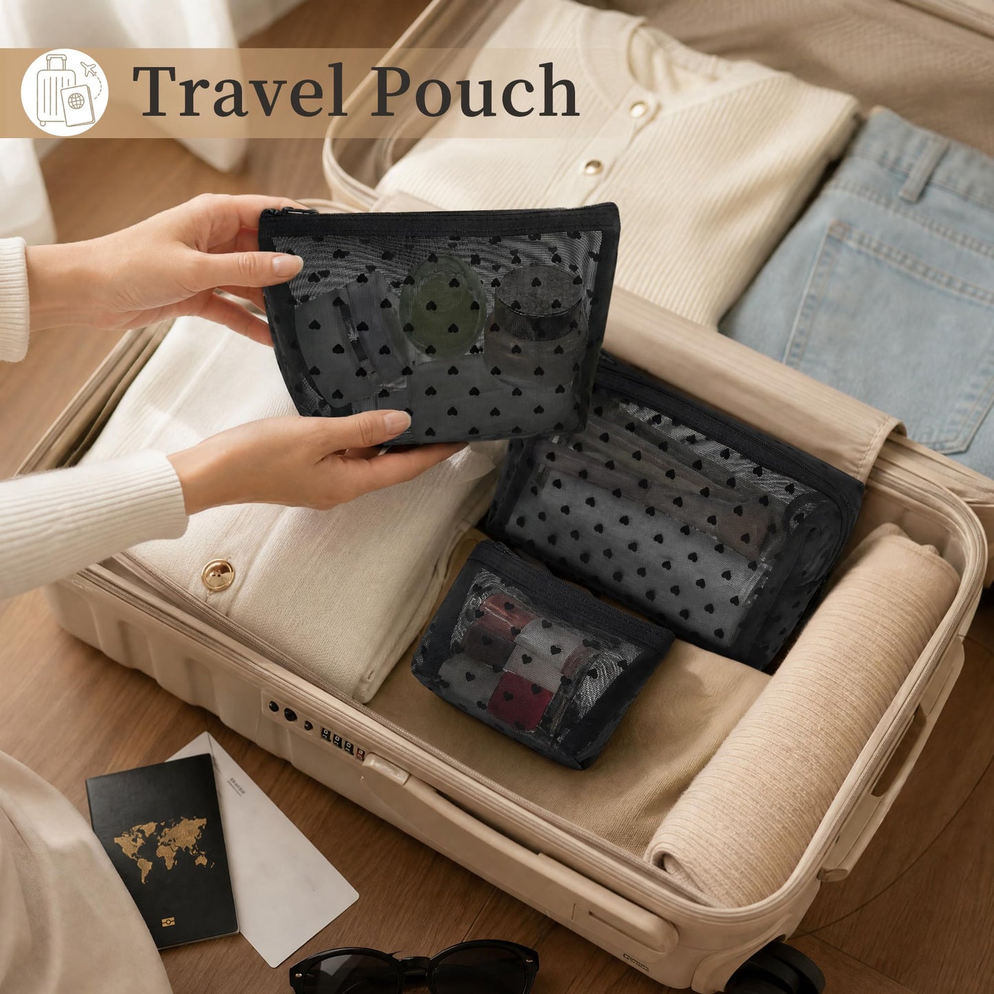 3 Pieces Mesh Makeup Bag Set, Heart Printed Clear Cosmetic Bags, Black