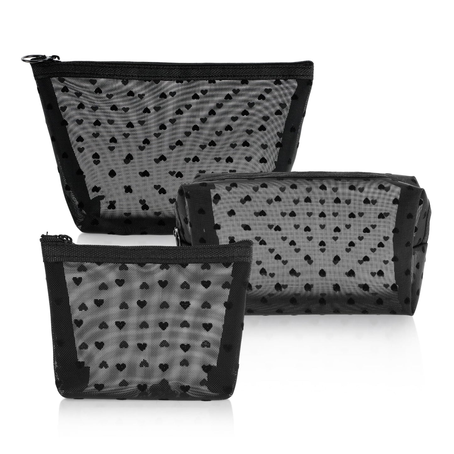 3 Pieces Mesh Makeup Bag Set, Heart Printed Clear Cosmetic Bags, Black