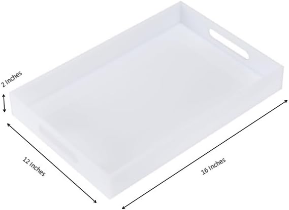 Glossy White Acrylic Serving Tray, 12x16Inch, Sturdy Kitchen Countertop Organizer, Decorative Vanity Table Tray, Ottoman Tray, 3/16 inch Thickness