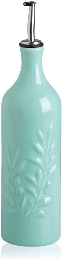 Sweejar Ceramic Olive Oil Dispenser Bottle, 24 Oz Relief Design EVOO Oil and Vinegar Dispensing Bottle with Spout for Kitchen, Set of 1 (Turquoise)