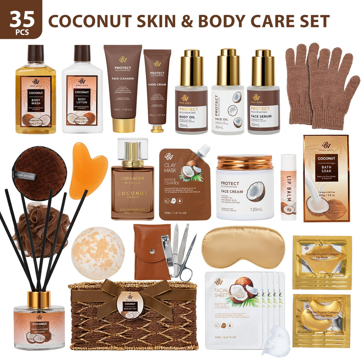 35 Pcs Coconut Vanilla Spa Gift Basket for Women & Men, Face Skin Care Set