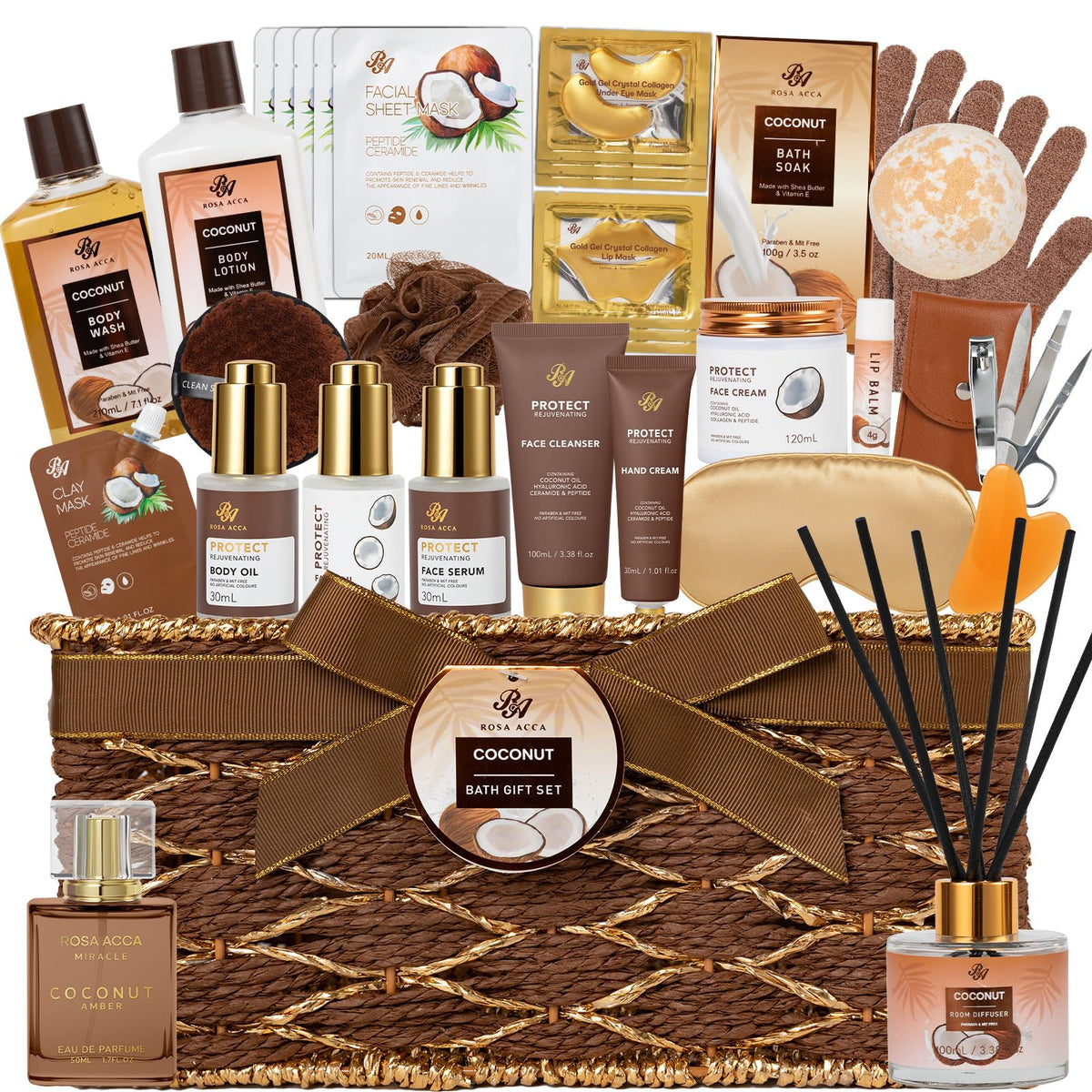 35 Pcs Coconut Vanilla Spa Gift Basket for Women & Men, Face Skin Care Set