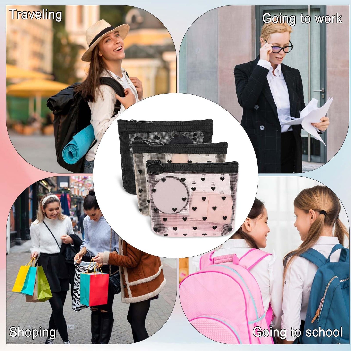3Pcs Mini Cosmetic Bags, Heart Print Mesh Zipper Bags, Lipstick Accessories Organizer, Makeup Bag for Women, Small Purse Bag, 3 Colors