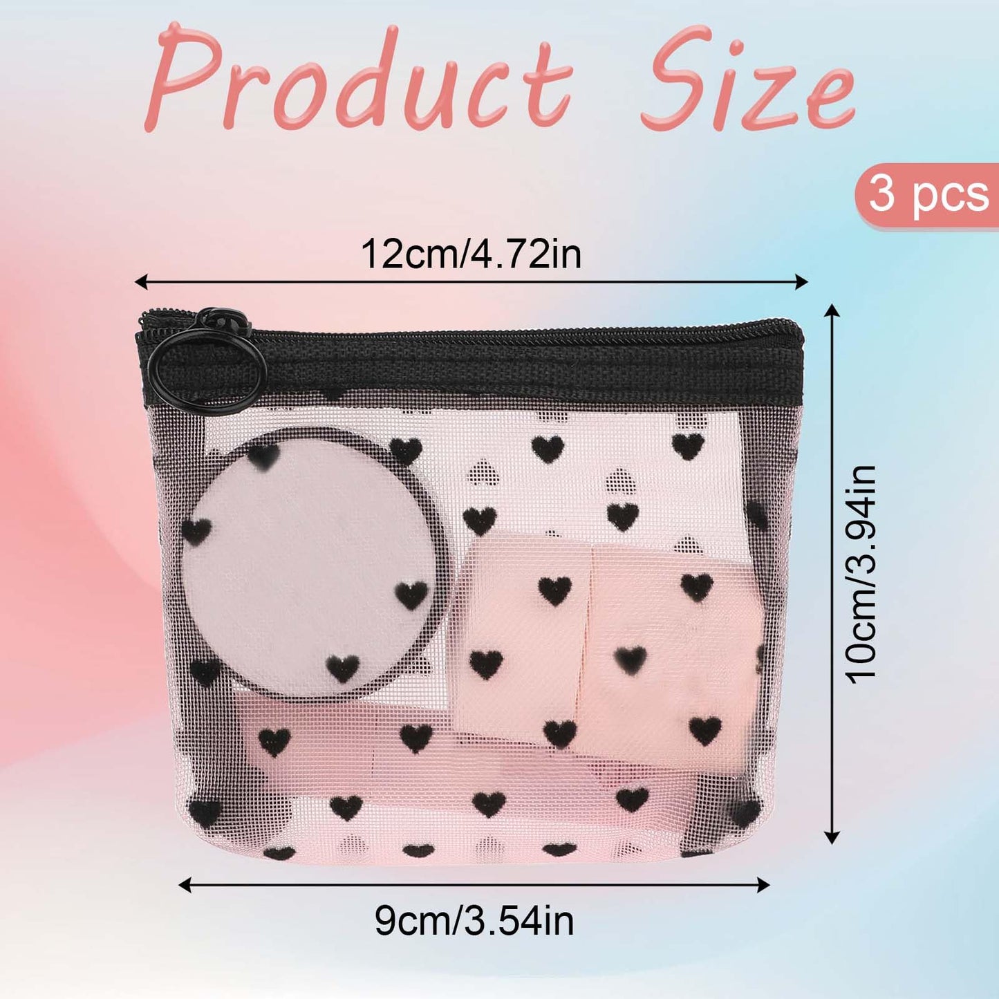 3Pcs Mini Cosmetic Bags, Heart Print Mesh Zipper Bags, Lipstick Accessories Organizer, Makeup Bag for Women, Small Purse Bag, 3 Colors