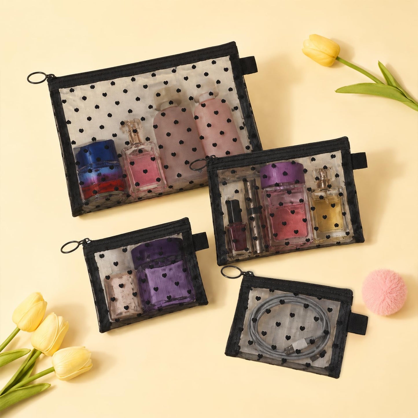 4 Pcs Purse Organizer Bags Cute Pouches for Purse Heart Printed Mesh