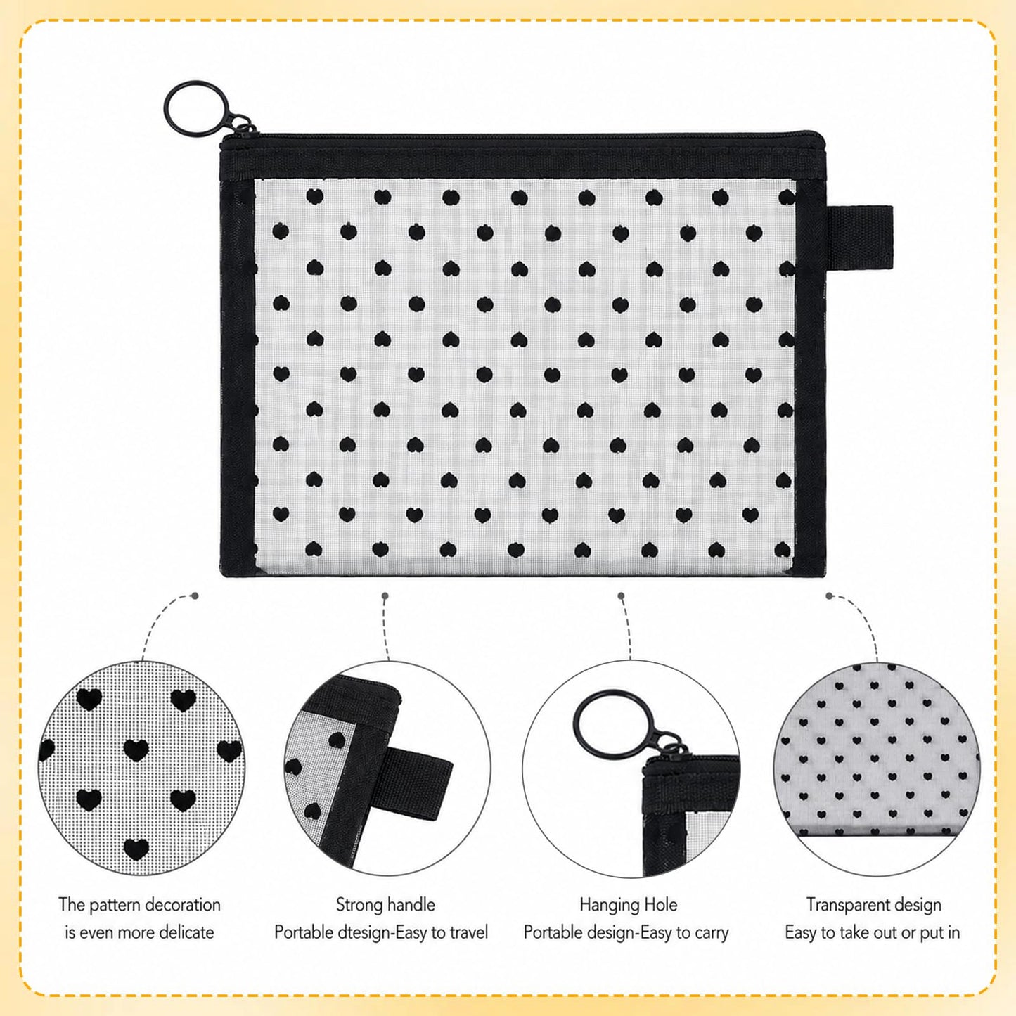 4 Pcs Purse Organizer Bags Cute Pouches for Purse Heart Printed Mesh