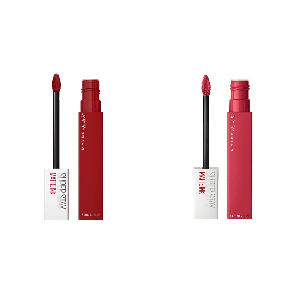 MAYBELLINE Super Stay Matte Ink Liquid Lipstick Makeup Long Lasting High Impact Color Up to 16H Wear Ruler Deep Cranberry and Exhilarator Ruby Red