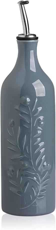 Sweejar Large Olive Oil Dispenser Bottle with Spout, 24 Oz Ceramic Oil Dispenser for Kitchen, Relief Opaque Oil Cruet, Oil Container for Cooking, EVOO, Avocado Oil, Vinegar, Pack of 1(Fog Blue)