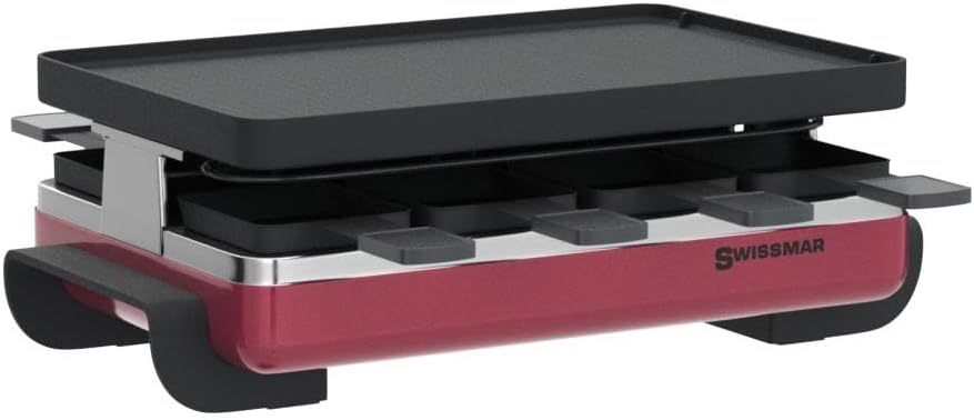 Swissmar Classic 8-Person Raclette Party Grill with Reversible Cast Aluminum Non-Stick Grill Plate/Crepe Top, Indoor Electric Raclette Grill & Griller - Black Grill Plate - Red