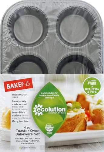 Ecolution Non-Stick Toaster Oven Bakeware Set 4-Piece, Carbon Steel, Easy to Clean and Perfect for Single Servings, Gray (Pack of 6)
