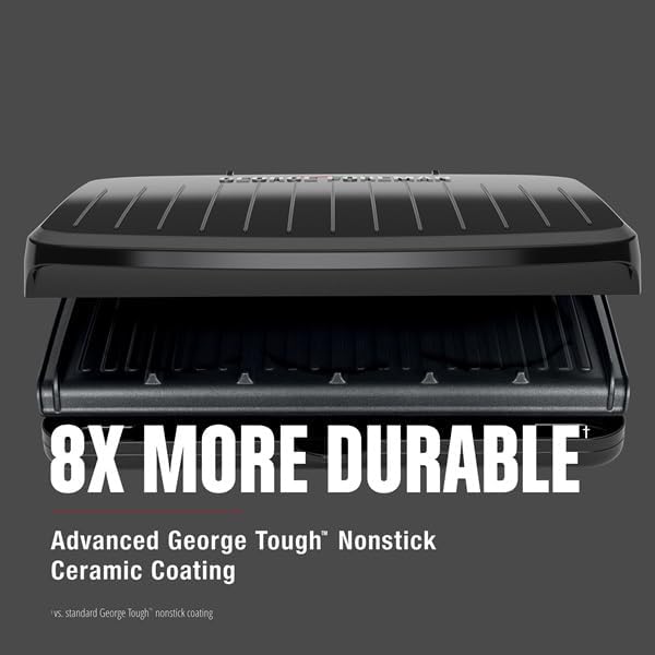 George Foreman Family-Size Grill & Panini Press, Nonstick Ceramic Coating, Fat-Removing Slope, Adjustable Angle, Indoor/Outdoor Use