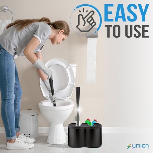UMIEN 2 Pack Toilet Brush and Plunger Set 18-in - Updated 2025 No-Rust - Stainless Steel Design - Long Handles - with Freestanding Canister (Matte Black)