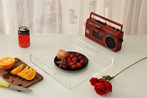 Clear Sturdy Acrylic Serving Tray with Handles - 12x12Inch - Coffee, Appetizer, Breakfast, Butler Tray - Kitchen Countertop & Makeup Drawer Organizer