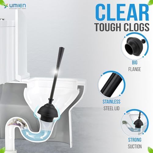 UMIEN 2 Pack Toilet Brush and Plunger Set 18-in - Updated 2025 No-Rust - Stainless Steel Design - Long Handles - with Freestanding Canister (Matte Black)