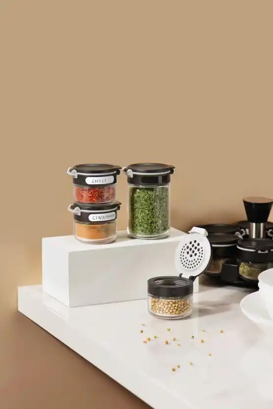360 rotating 2 tier jars spice rack (6 small 6 large spice jars) Revolving Seasoning Organizer. Spinning Spice Rack for Counter top and Cabinet WITH Custom Label Stickers.