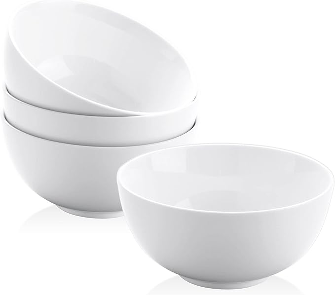 Yedio 22 oz White Porcelain Bowls Set of 4 – Cereal, Soup, Rice, Oatmeal & Salad Bowls – Microwave & Dishwasher Safe, Stackable for Kitchen Use