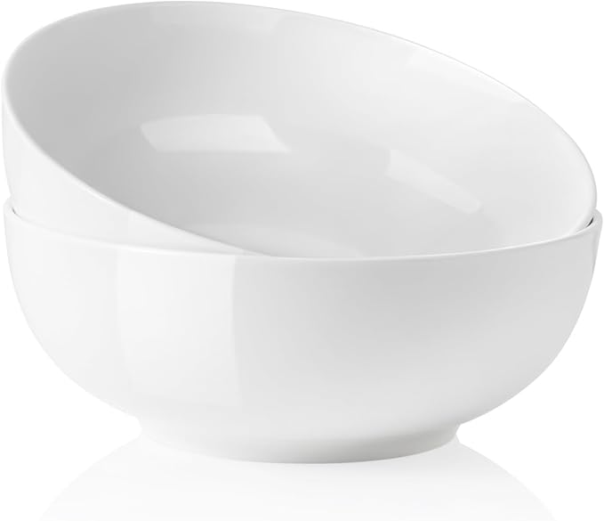Kanwone Large Serving Bowls - 9.5 inch, 90oz Ceramic Salad Bowls, Fruit Bowls, Pasta, Soup Bowls, Set of 2, Serving Bowls for Entertaining, Microwave and Dishwasher Safe, White