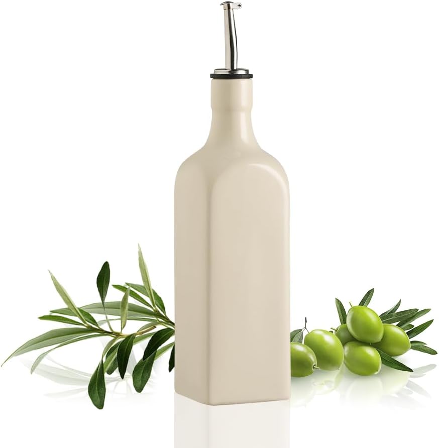 Sweejar 19 Fl Oz Ceramic Olive Oil Dispenser Bottle with Spout, Large Oil Dispenser for Kitchen, Opaque EVOO Oil and Vinegar Cruet for Cooking, Oil Container for Avocado Oil, Pack of 1 (Beige)