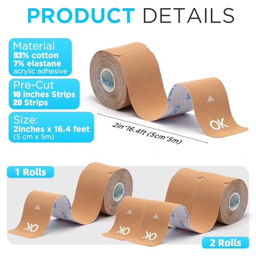 OK TAPE Precut Elastic Kinesiology Tape, 20 Strips, 2inch x 16ft, 2 Rolls | Sensitive Skin Friendly Latex Free Hypoallergenic Athletic Tape Roll for Muscle Joint Knee Waterproof Light Blue - color: Light Blue, size: 2 Rolls