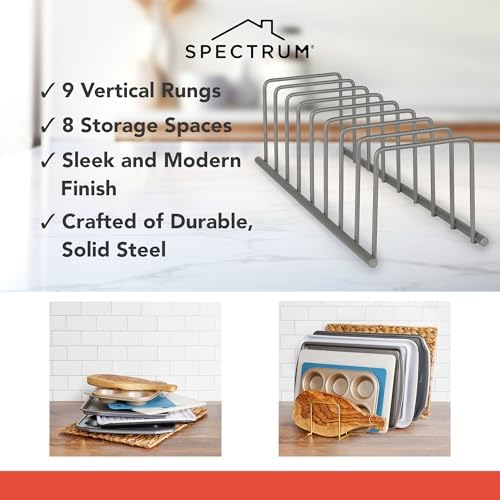 Spectrum Euro Cutting Board Holder Stand for Countertop or Inside Kitchen Cabinet Organization Industrial Gray, 8 Slot Cutting Board Drying Rack or Cabinet Plate Bakeware Storage Organizer