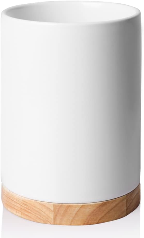 Sweejar Kitchen Utensil Holder with Wooden Bottom, 6.7" Ceramic Utensil Crock to Hold Spatulas for Cooking Countertop, Housewarming, Wedding, Birthday Gift (White)