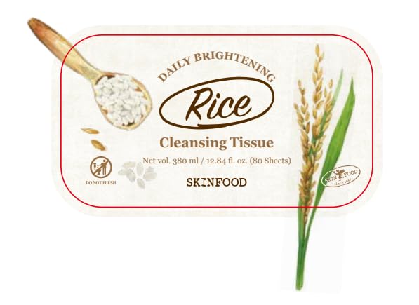 SKINFOOD Rice Cleansing Wipes - Daily Hypoallergenic Rice Nourishing Makeup Remover Tissue Wipe - Facial Skin Clear & Refreshed - Korean Beauty Face Wipes for Women - Travel Makeup Wipes (80 Sheets)
