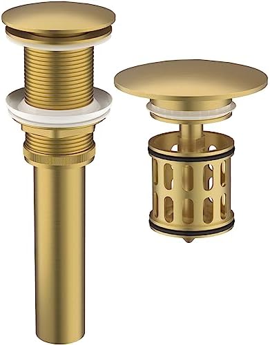 Bathroom Pop up Drain Without Overflow, Anti-Clogging Vessel Sink Drain Strainer, Pop Up Drain with Detachable Basket, Hair Catcher Bathroom Sink Drain Stopper(Brushed Gold, No Overflow)