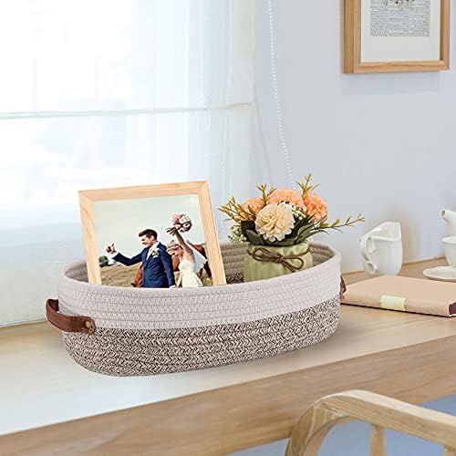 2 Pack Woven Storage Basket for Toilet Tank Top,Farmhouse Home Decor Organizing Basket for Bathroom,Table and Counter 13"x5.9"x4" Apricot Stitching White