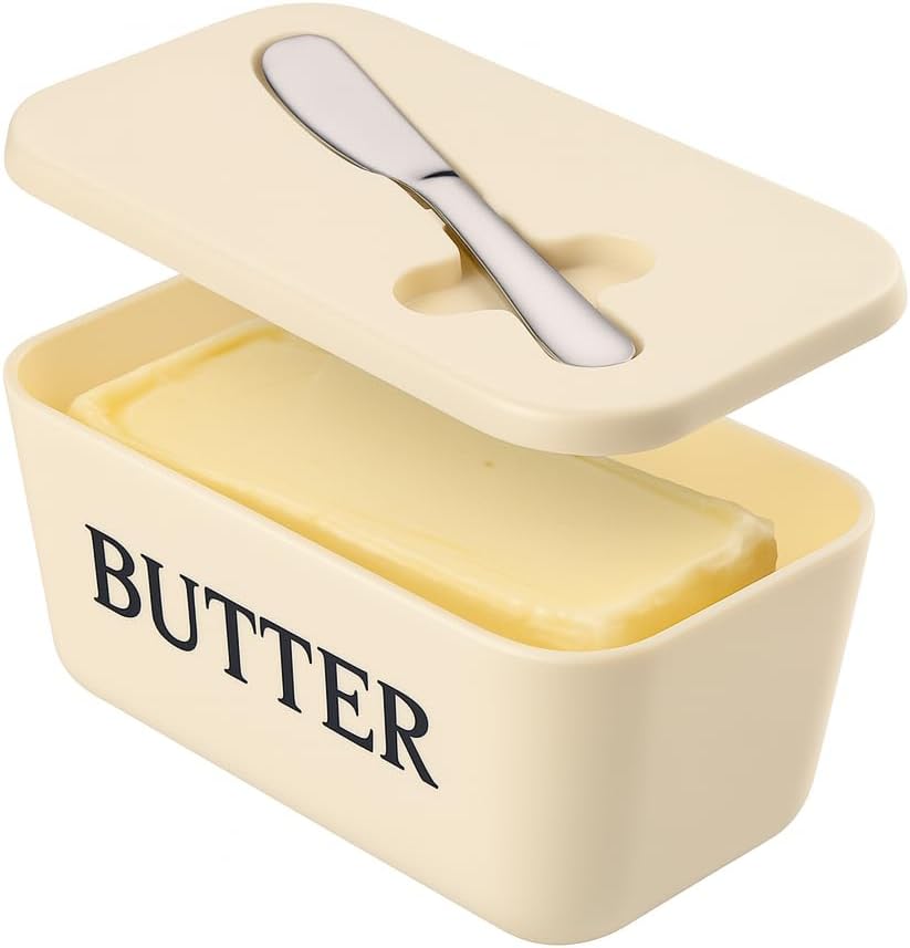 Butter Dish With Lid And Knife For Kitchen Coutertop,Food Grade PP Butter Holder With Cover And Stainless Steel Knife,Large White Butter Conainter