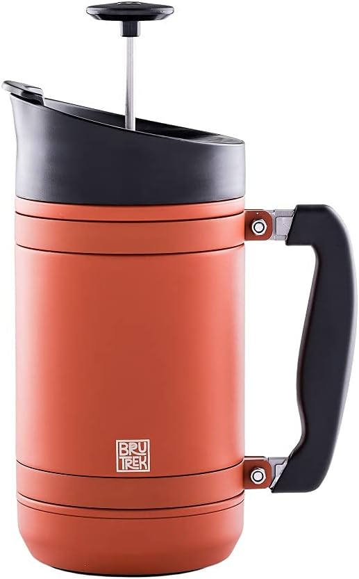 BaseCamp Coffee Press - Double Wall Insulated Stainless Steel - Bru-Stop Technology, No Grounds in Coffee, No Spill Lid (Red Rock, 32 fl.oz)