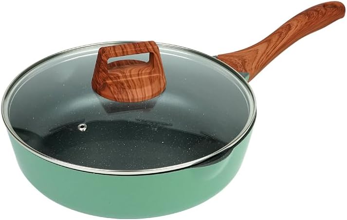 Frying Pans Nonstick with Lid, 10.2 Inches Skillets and Frying pan, Granite Cooking Pan with Pour Spout, Non Toxic Frying Pan for Stove, Induction, Gas, Pb, Cd PFOA Free (Green, 10.2 Inches)