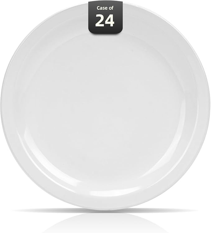 Stoneware Narrow Rim Commercial Grade Ceramic Dinnerware Bright White, Round Dinner Plate 9", Case of 24, Restaurant & Home Dining
