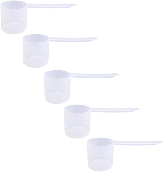 Plastic Measuring Scoop, (70 cc | 4.73 tbsp | 2.37 fl oz. | 70 mL) Long Handle Spoons for Powders, Granules, Coffee, Pet Food, Baking Supplies, Protein and Other Dry Goods, BPA Free (Set of 5)