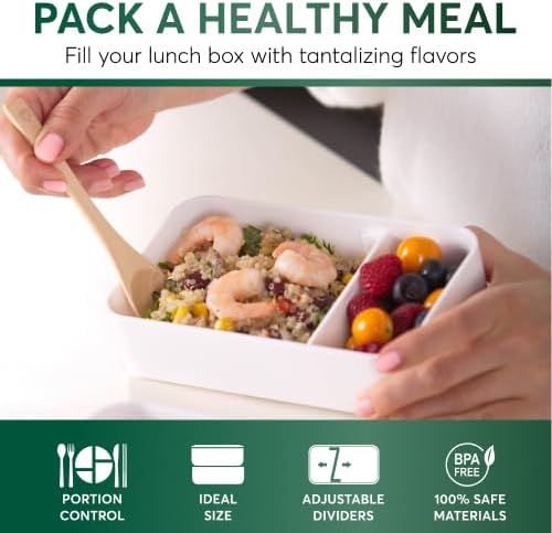 Umami Bento Box Adult All-In-1 w/4 Utensils, 2Sauce Jars, 2 Dividers, 100% Leakproof, Microwave & Dishwasher Safe, Stackable Bento Lunch Box Containers for Men/Women, White Bamboo, 40 oz