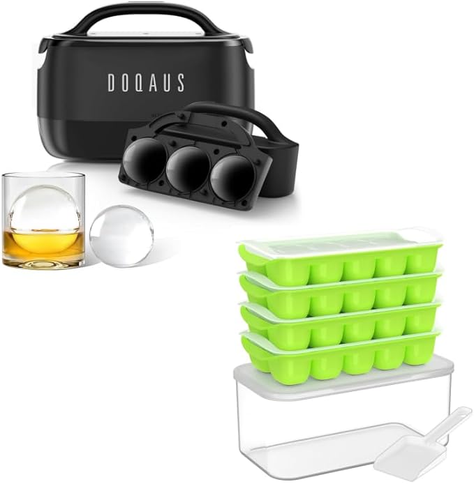 DOQAUS 2.5 Inch Clear Ice Ball Maker & 4 Pack Ice Cube Trays with Bin