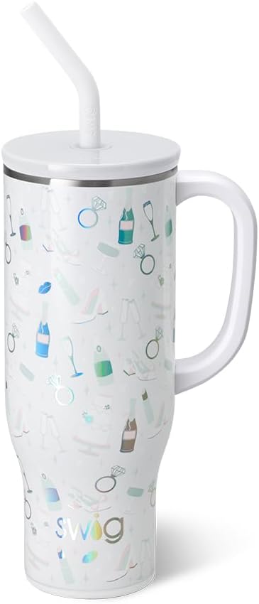 Swig Life 30oz Mega Mug, 30 oz Tumbler with Handle and Straw, Cup Holder Friendly, Dishwasher Safe, Extra Large Insulated Tumbler, Stainless Steel Water Bottle (Bride to Be)