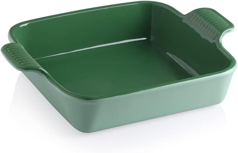 Sweejar Ceramic Baking Dish, 9 x 9 Cake Baking Pan for Brownie, Porcelain Square Bakeware with Double Handle for Casserole, Lasagna, Family Dinner (Light Green)
